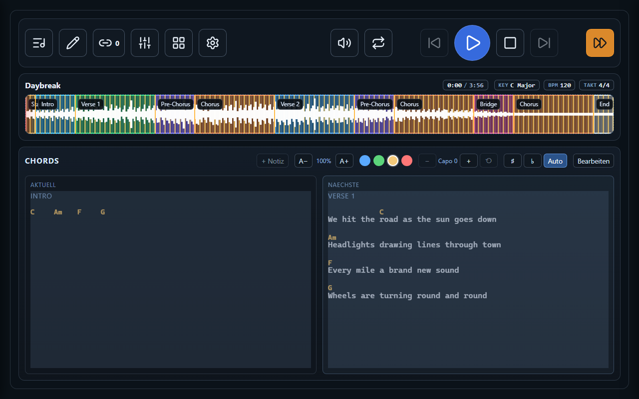 The Trax live screen: transport bar, waveform with colored sections and chord display