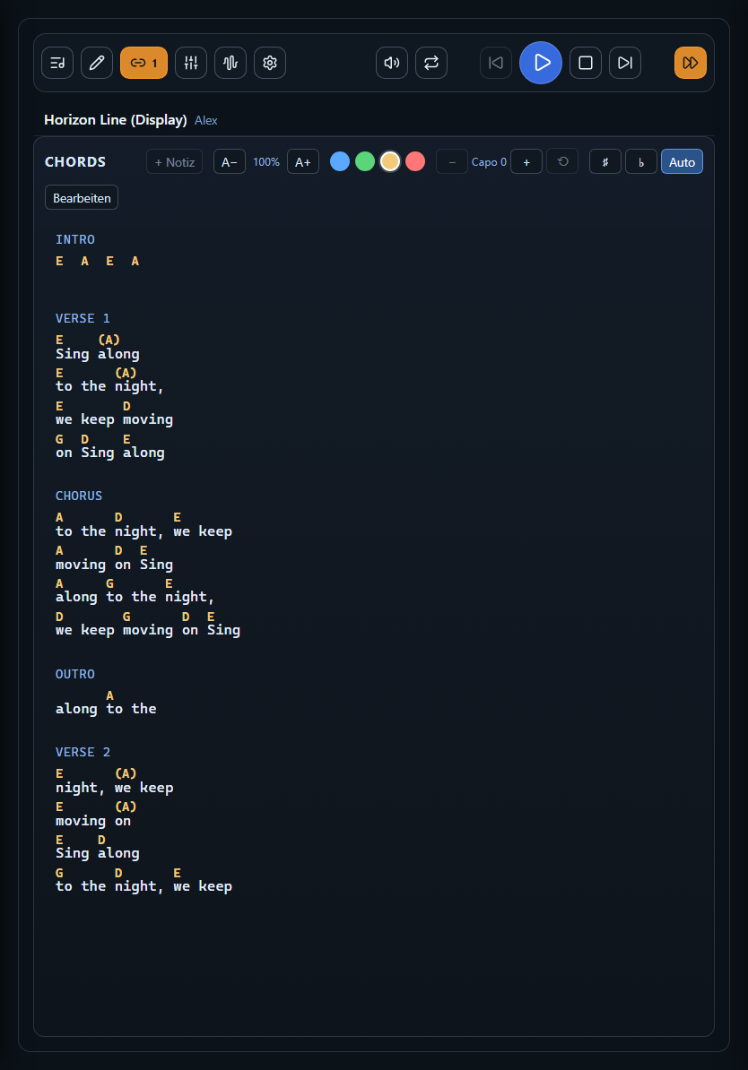 Trax digital songsheet on a tablet in portrait orientation: lyrics and chords for a song